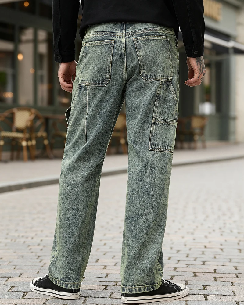 بيواكوف Men's Bluish Green Washed Straight Fit Mid-Rise Jeans